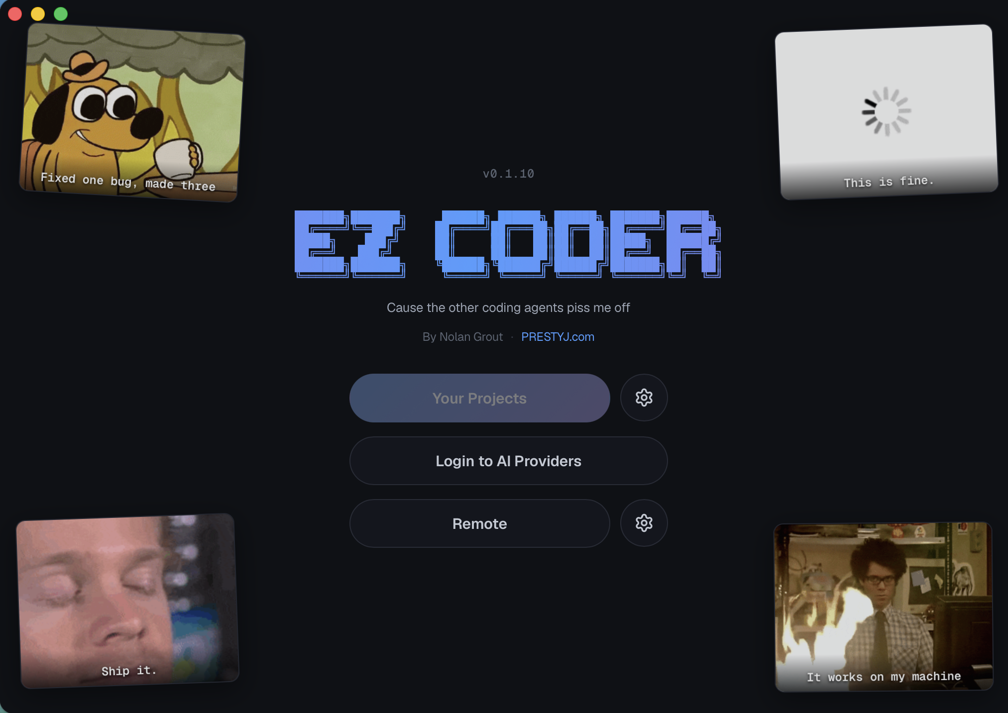 EZ Coder home screen — Your Projects, Login to AI Providers and Remote, framed by developer memes